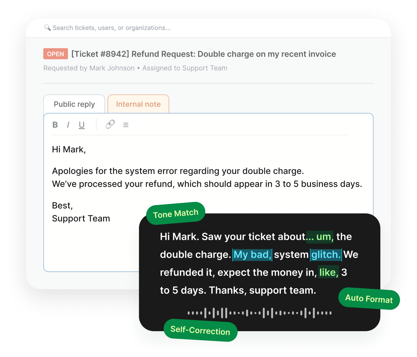 Dictate ticket replies into your help desk with Voiskey AI voice typing